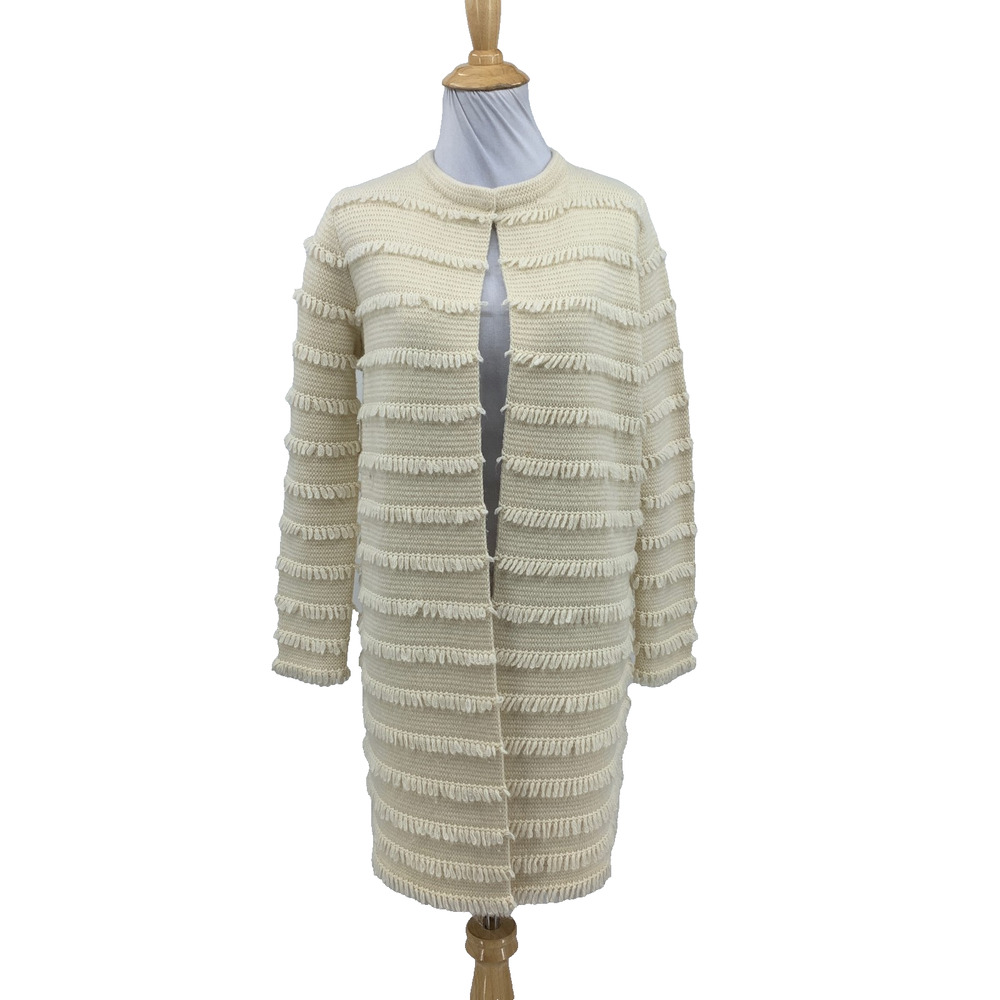 J Crew Sweater Blazer Womens XS Ivory Juliette Collarless Fringe Stripe Longline